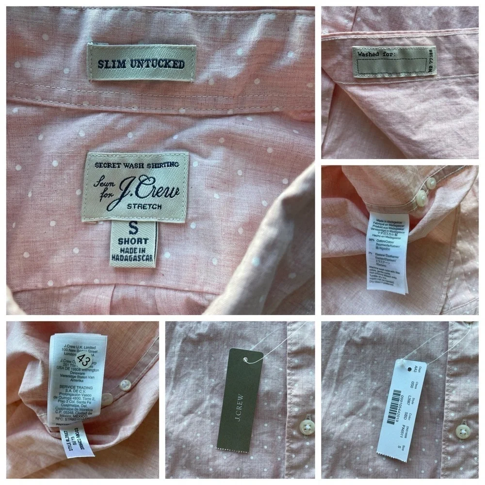 J. Crew Secret Wash Slim Untucked Shirt Pink Small Short Polka Dot NWT Barbie